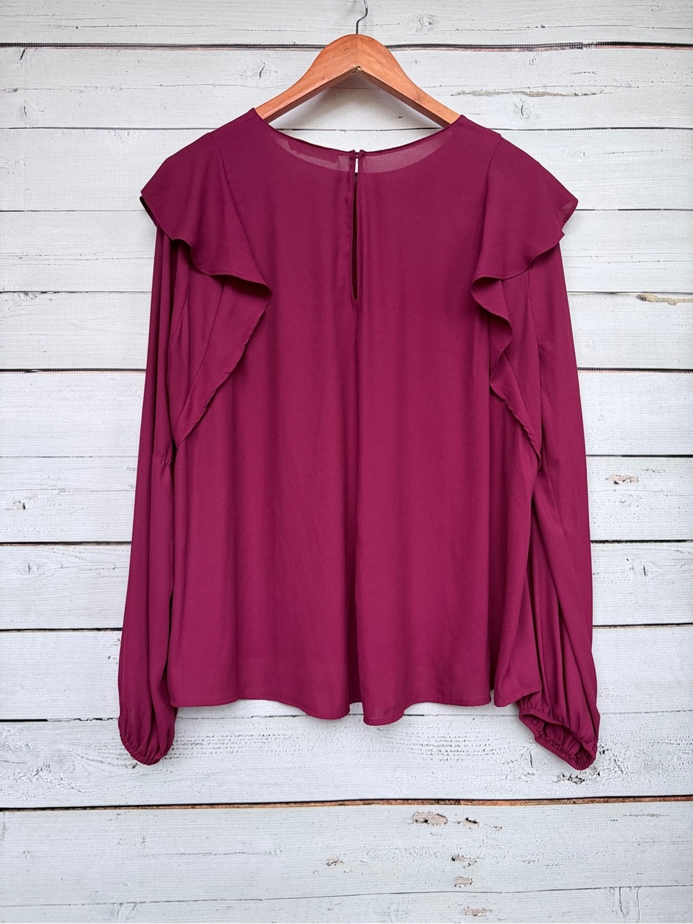 Lush Plum Long-Sleeve Blouse with Ruffle Shoulder Detail - Picture 3 of 4